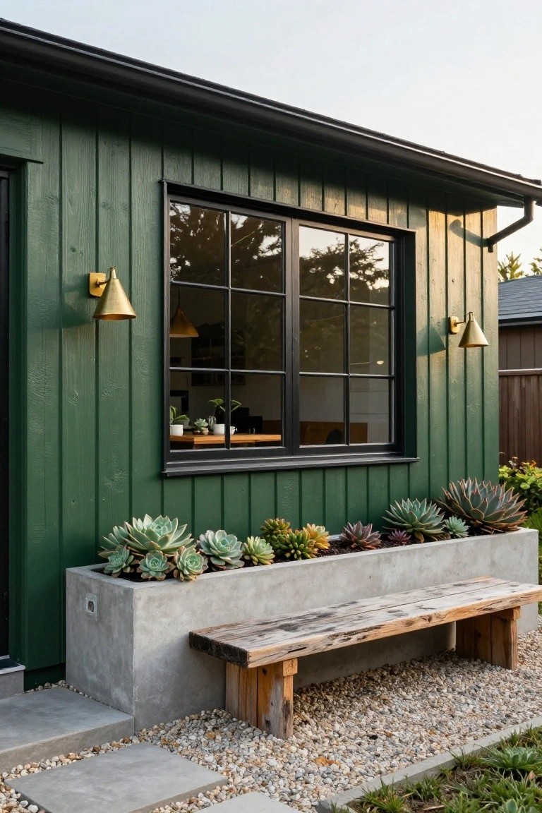 Side exterior of a dark green board-and-batten wood house with black-framed grid window, two gold cone wall sconces, concrete planter box with various succulents, weathered wooden bench, concrete steps, and gravel ground.