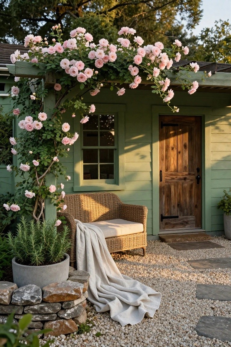 Small sage green wooden garden shed with pink climbing roses growing on a trellis along one side, wooden door and window, wicker chair with white throw blanket nearby, potted rosemary plant, stone wall edging, and gravel path.