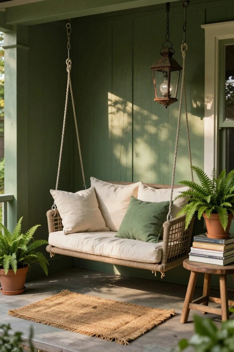 Rope-suspended wicker porch swing with white and green cushions on a green shiplap porch, flanked by potted ferns, a wooden side table with stacked books, and a seagrass rug on the floorboards.