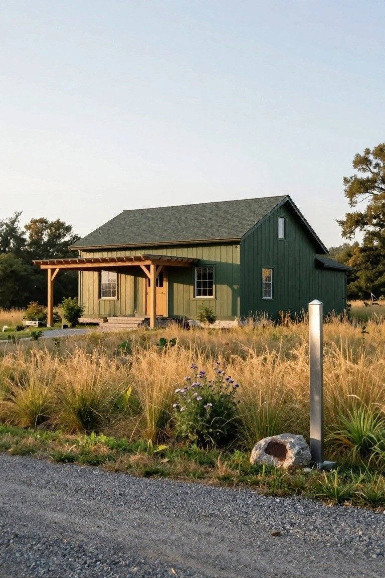 Dark green board-and-batten sided house with gabled green roof, wooden porch, double windows, and metal post, surrounded by tall grasses, plants, a large rock, and gravel driveway.