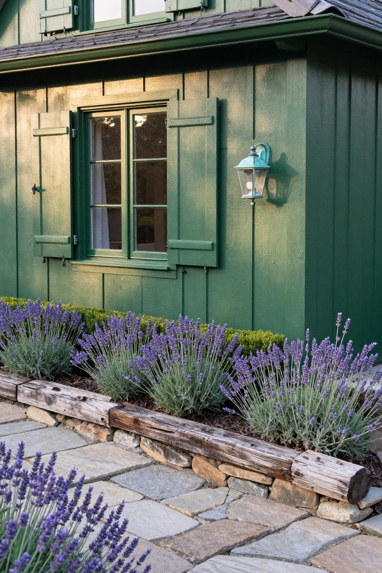 Green clapboard shed with shuttered double-pane windows, turquoise wall lantern, lavender plants in log-edged beds, and irregular stone pathway.