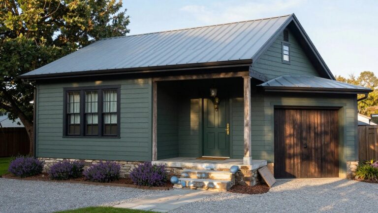 Two-story green clapboard house with standing seam metal roof, covered front porch supported by wood posts, stone foundation, lavender plants near steps, gravel path, and surrounding lawn and trees.