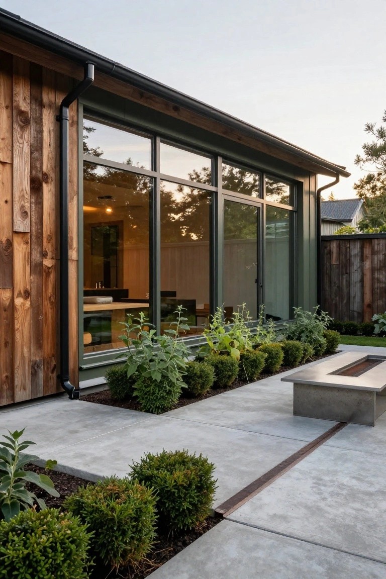 Side exterior of a house featuring vertical charred wood cladding, large green metal-framed windows reflecting trees, adjacent concrete patio with linear fire pit bench and boxed green shrubs.