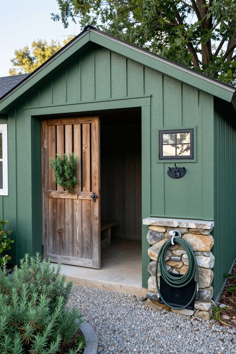 Dark green board-and-batten garden shed with open weathered wooden garage door decorated with rosemary wreath, black lantern nearby, coiled green hose on stone pillar, gravel path, and rosemary shrubs in front.