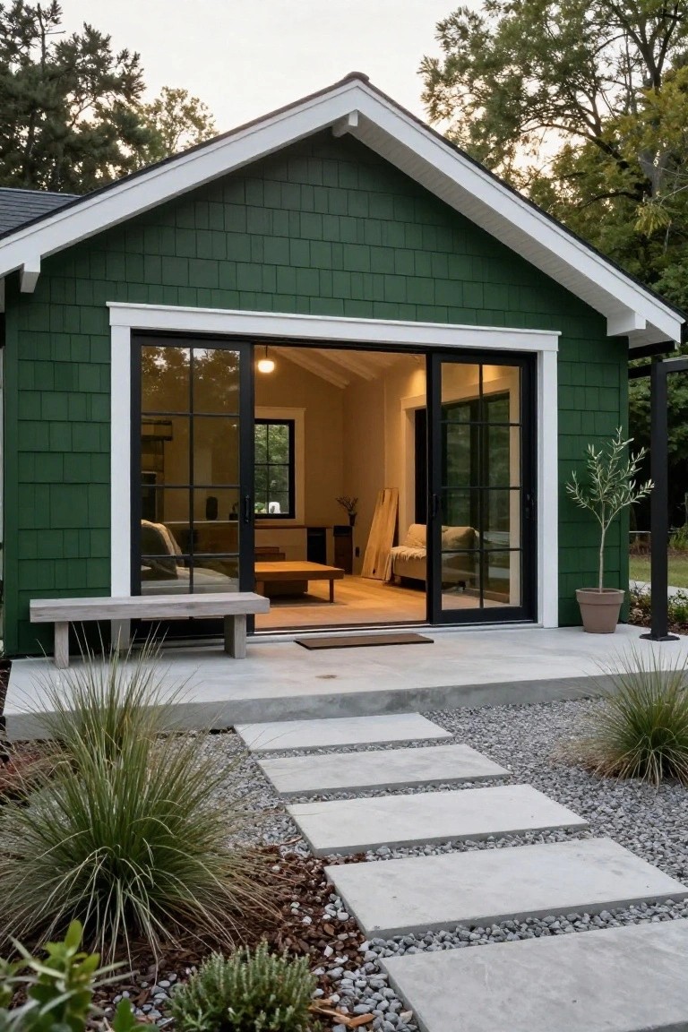 A small dark green shingled house with white trim and a gabled roof features large black-framed sliding glass doors opening onto a concrete porch with a wooden bench, flanked by gravel paths, stepping stones, and grasses.