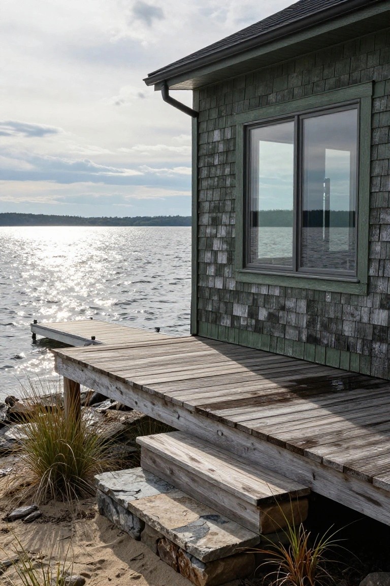 Green shingled exterior wall of a house with a large double window overlooking a lake, wooden deck extending to a dock, sandy beach with grasses and rocks in the foreground.
