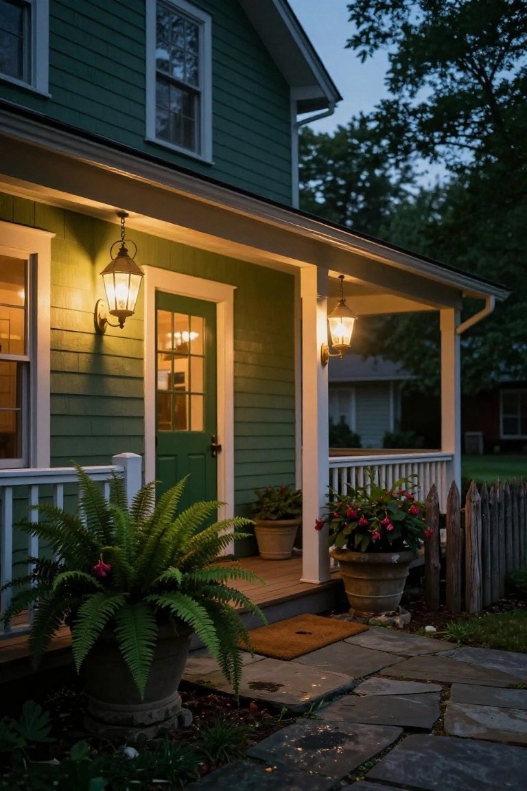 Green farmhouse exterior at dusk with porch featuring a green door, white railing, hanging and wall-mounted lanterns lit warmly, potted ferns and flowers on either side, and a stone path to the entry.