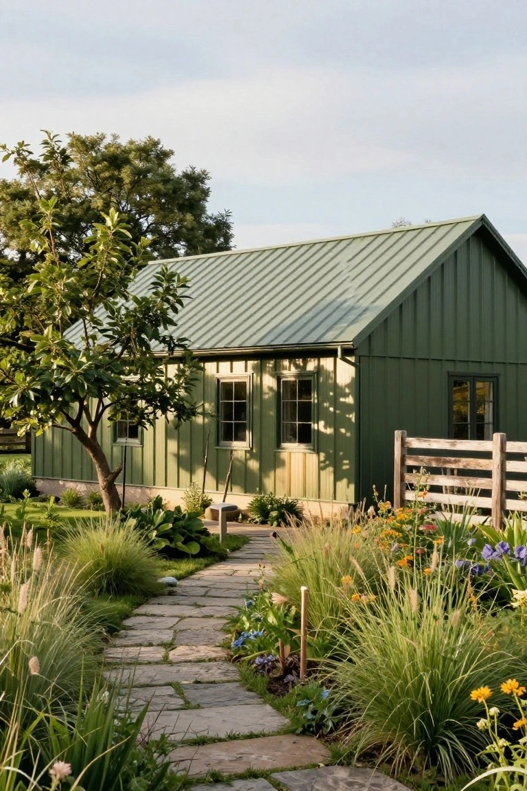 Small gable-roofed outbuilding with olive green vertical siding and green standing-seam metal roof, next to a tree, with double windows, wood fence, stone walkway, and surrounding grasses, flowers, and plants.