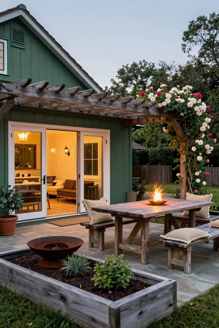 Green painted wooden shed-style house with open glass doors to interior, rustic pergola draped in pink and white climbing roses over wooden dining table with benches and fire bowl on stone patio, raised planter bed and potted plants nearby.