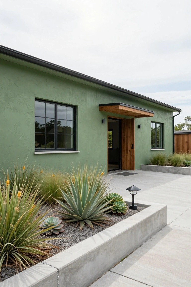 Sage green stucco house exterior with black metal-framed windows, wooden entry door under a cantilevered overhang, raised concrete planter bed with agave, succulents, and grasses, and concrete paver pathway.