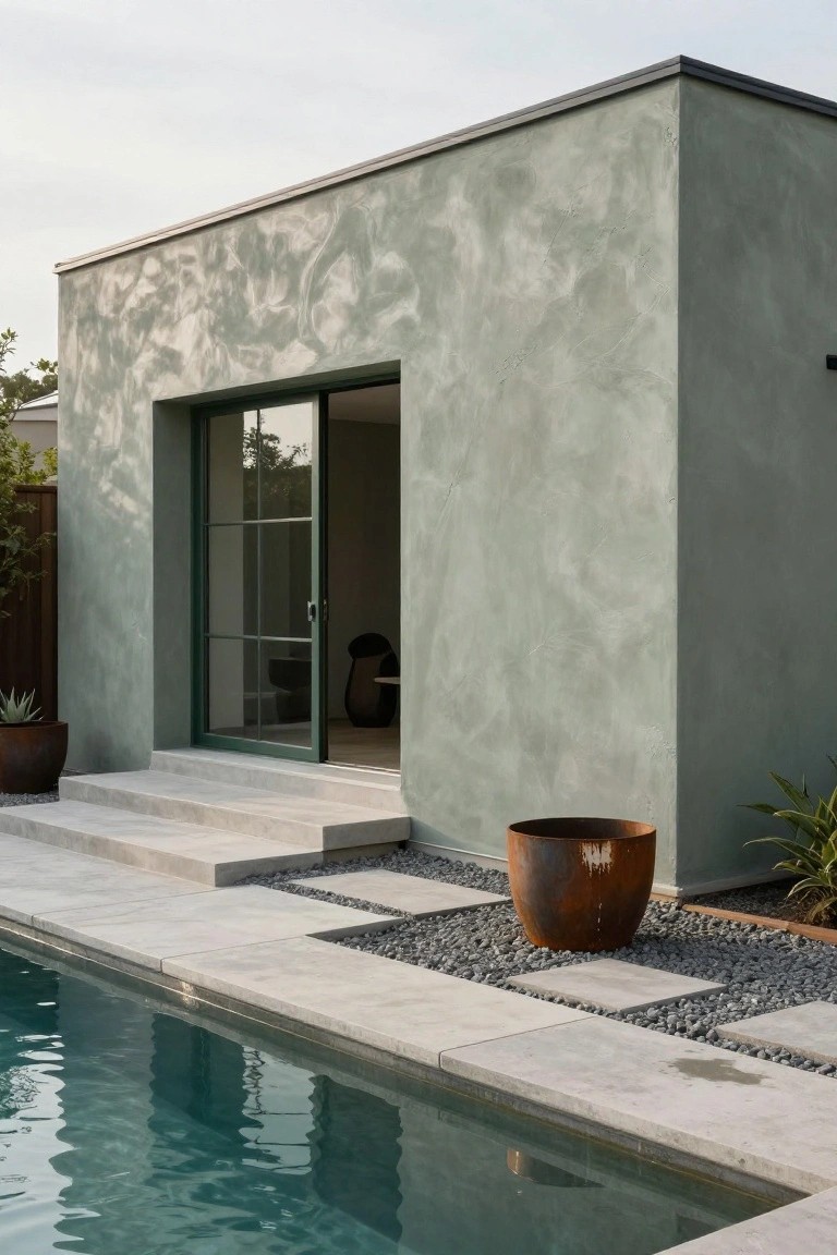 Modern house exterior with pale sage green textured plaster walls, open green sliding glass door revealing interior, concrete steps to pool deck with gravel patches, large rust patina pot, and agave plants.