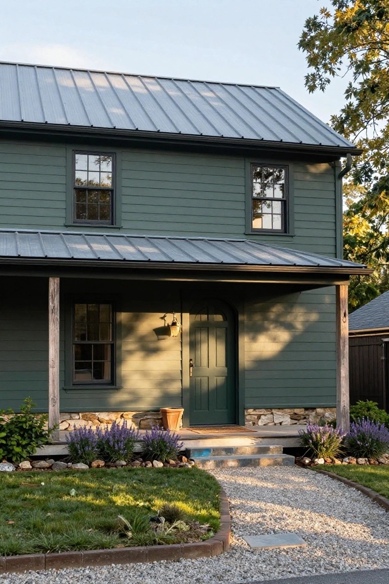 Two-story green clapboard house with standing seam metal roof, covered front porch supported by wood posts, stone foundation, lavender plants near steps, gravel path, and surrounding lawn and trees.