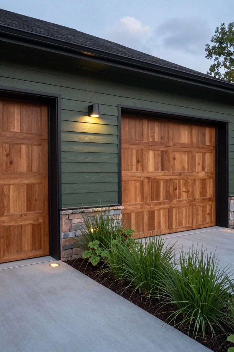Dark green house siding with black trim framing two wooden garage doors, stone base, wall light, ground lights, ornamental grasses, and concrete driveway edge.