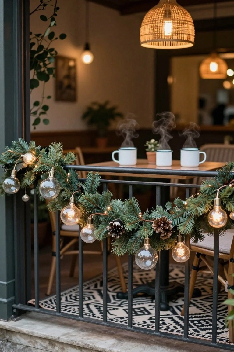 Balcony railing decorated with green pine garland, string lights with warm bulbs, glass ornaments, and pinecones, viewed through a metal gate with an indoor cafe table and steaming white mugs in the background.