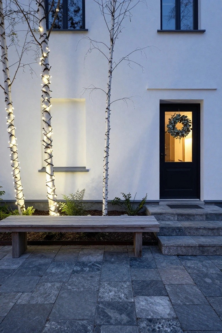 Modern white house exterior at dusk featuring three birch trees wrapped in white string lights flanking the black front door with eucalyptus wreath, wooden bench on slate patio, and stone steps.