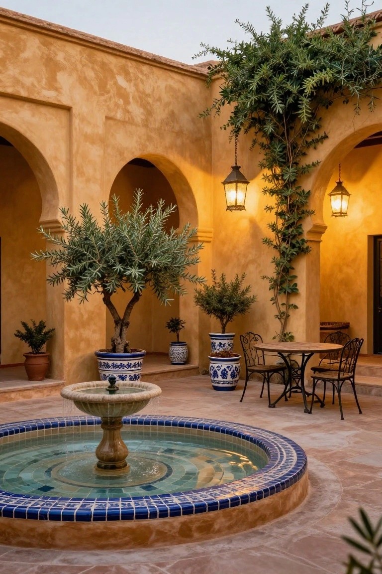 Ochre stucco courtyard with arched walls, hanging lit lanterns, central blue-tiled fountain, potted olive trees, climbing vines, and a small round bistro table with four chairs on terracotta pavers.
