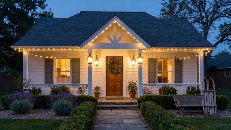 24 Festive Yard Christmas Light Ideas That Bring Joy to the Whole Neighborhood Gray shingled house exterior at dusk with warm white string lights outlining the peaked roofline, porch, and eaves, wooden front door with red berry wreath flanked by lanterns, boxwood hedges, lavender plants along a stone pathway, and a wooden sled chaise nearby.