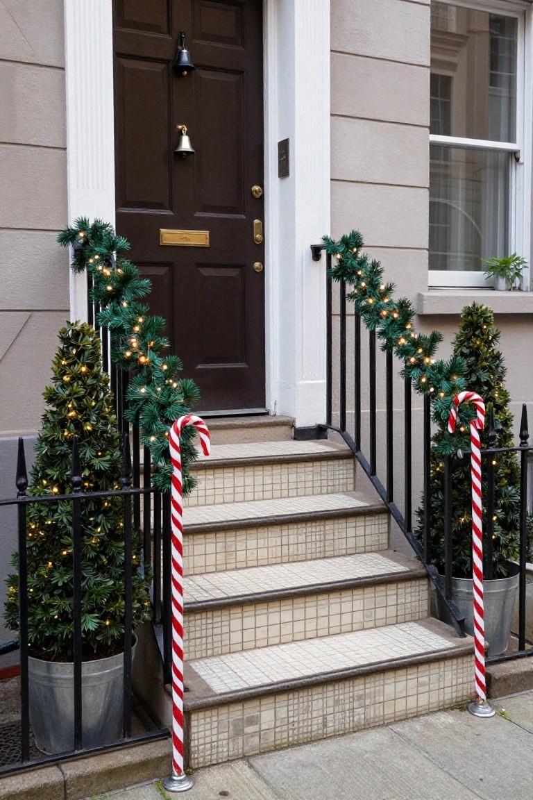Brown front door of a beige townhouse with black railing along tiled steps, decorated with green garland, white lights, potted trees, and large red-and-white striped candy canes.