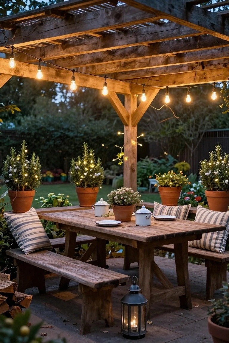 Wooden pergola strung with warm bulb lights over a rustic table and benches on a paved patio, with lit potted rosemary trees and garden plants at dusk.