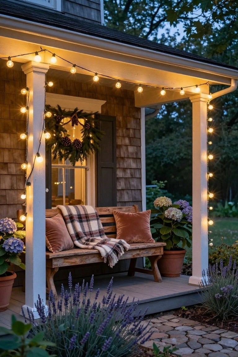Shingled house porch at dusk with white string lights along columns, roofline, and posts, wooden bench with pillows and plaid blanket, evergreen wreath on dark green door, potted hydrangeas and lavender plants nearby.