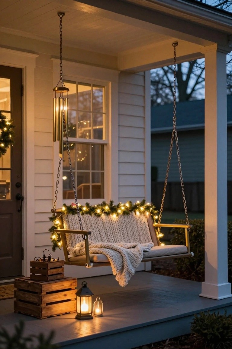 White wooden porch swing hanging from chains under a covered porch, wrapped in Christmas string lights and evergreen garland with knit blankets draped over it, wooden crates and lanterns on the porch floor at dusk.