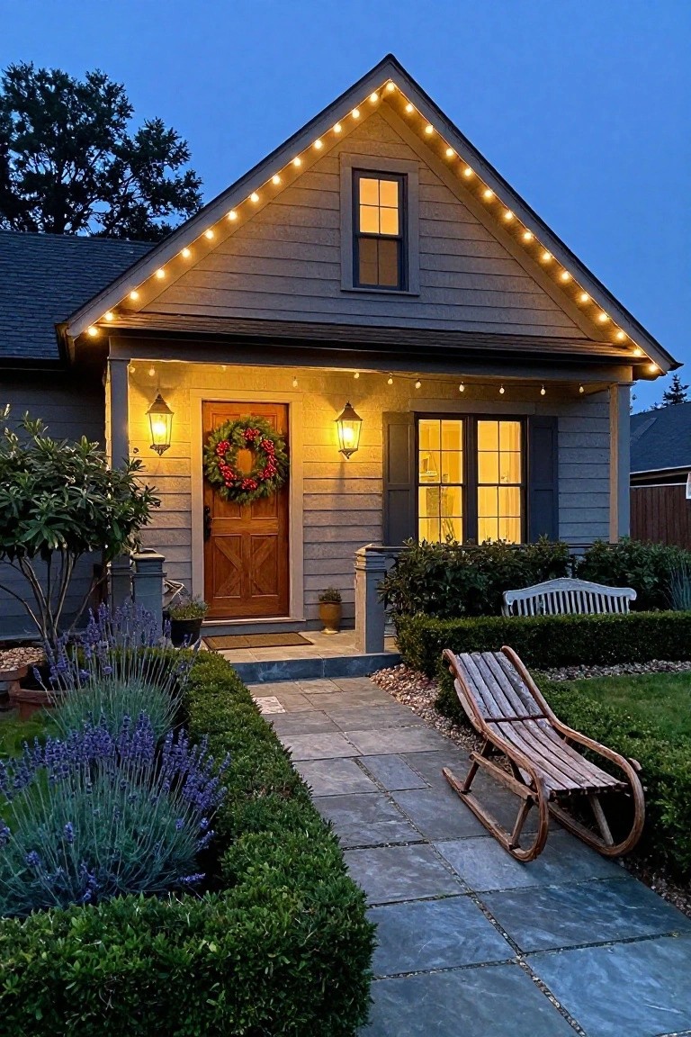 Gray shingled house exterior at dusk with warm white string lights outlining the peaked roofline, porch, and eaves, wooden front door with red berry wreath flanked by lanterns, boxwood hedges, lavender plants along a stone pathway, and a wooden sled chaise nearby.