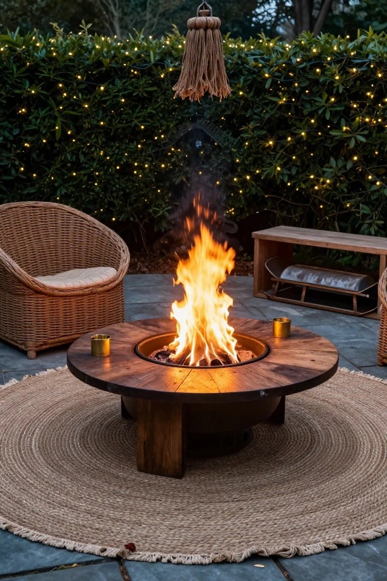 Round wooden fire pit table with flames burning in the center, rattan armchair and wooden bench nearby on a slate patio with jute rug, string lights in green hedge background and hanging pendant light, at dusk.