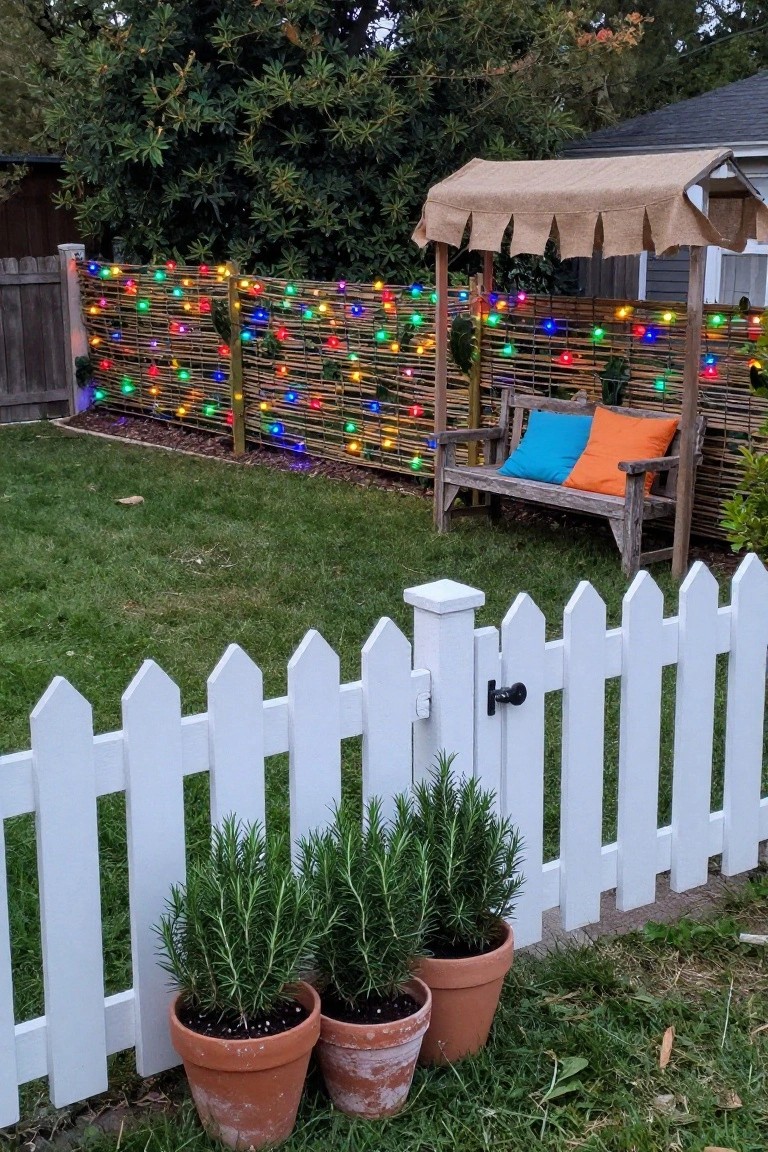 Backyard with wooden bench and cushions under thatched roof shelter against bamboo fence draped in multicolored string lights, white picket fence in foreground with two terracotta pots of rosemary plants, green lawn and trees in background.