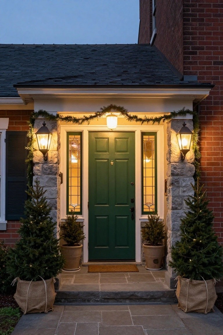 Green front door with glass side panels on a brick house, flanked by stone pillars with garland-wrapped lanterns and small lit Christmas trees in burlap pots, at twilight.
