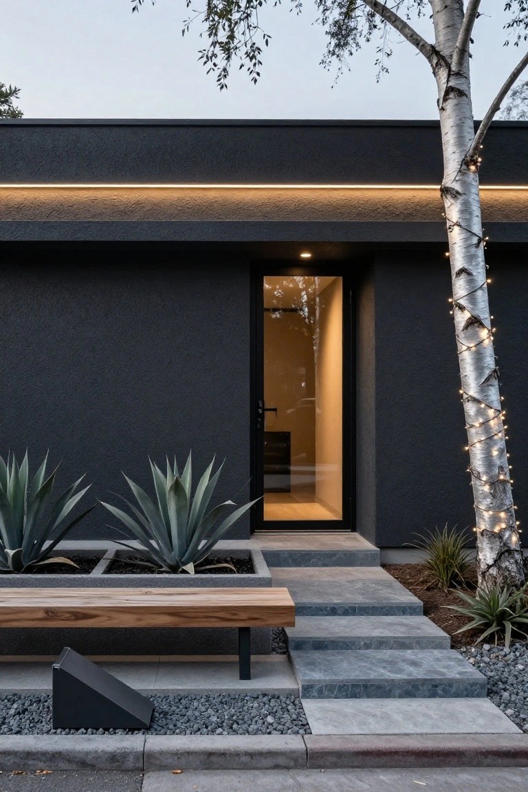 Modern black house facade with a glass entry door, tall birch tree wrapped in white string lights, two potted agave plants, wooden bench on gravel, and gray stone steps leading to the door.