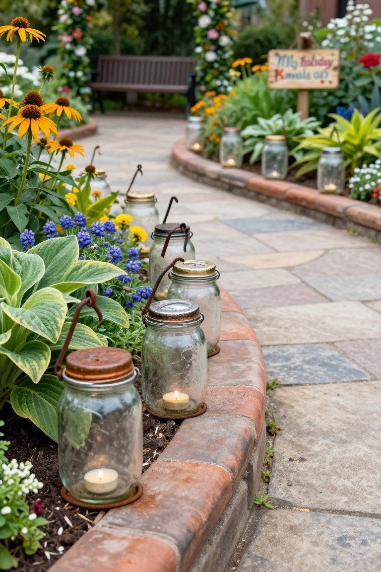 Curved brick garden path edged with low border and lined with multiple mason jar lanterns holding tea light candles, surrounded by flowering plants including sunflowers, hostas, and delphiniums, with a wooden bench and sign in the background.