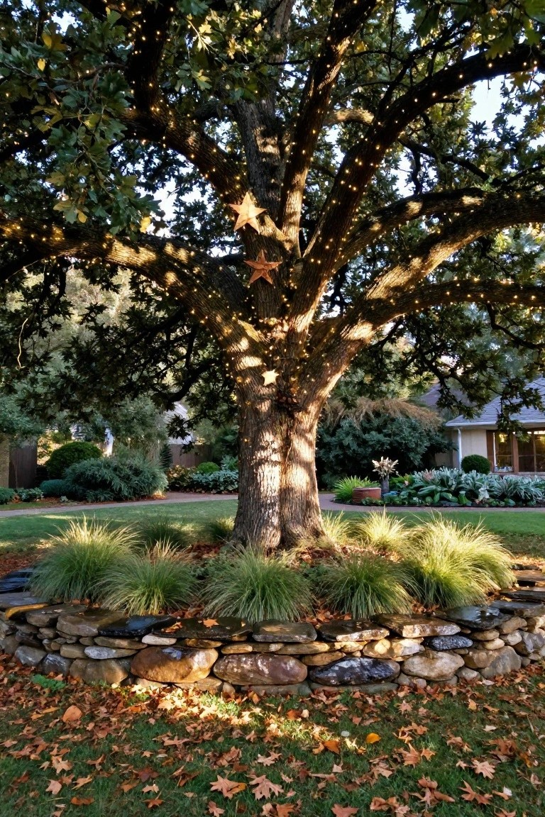 Large oak tree wrapped in golden string lights with a star ornament in the branches, encircled by ornamental grasses and a dry-stacked stone wall in a landscaped yard with a house and garden beds in the background.