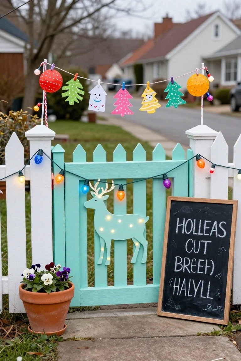 Turquoise picket gate with glowing deer cutout and multicolored string lights in a front yard, topped by colorful paper garland and flanked by a chalkboard sign and potted pansies.