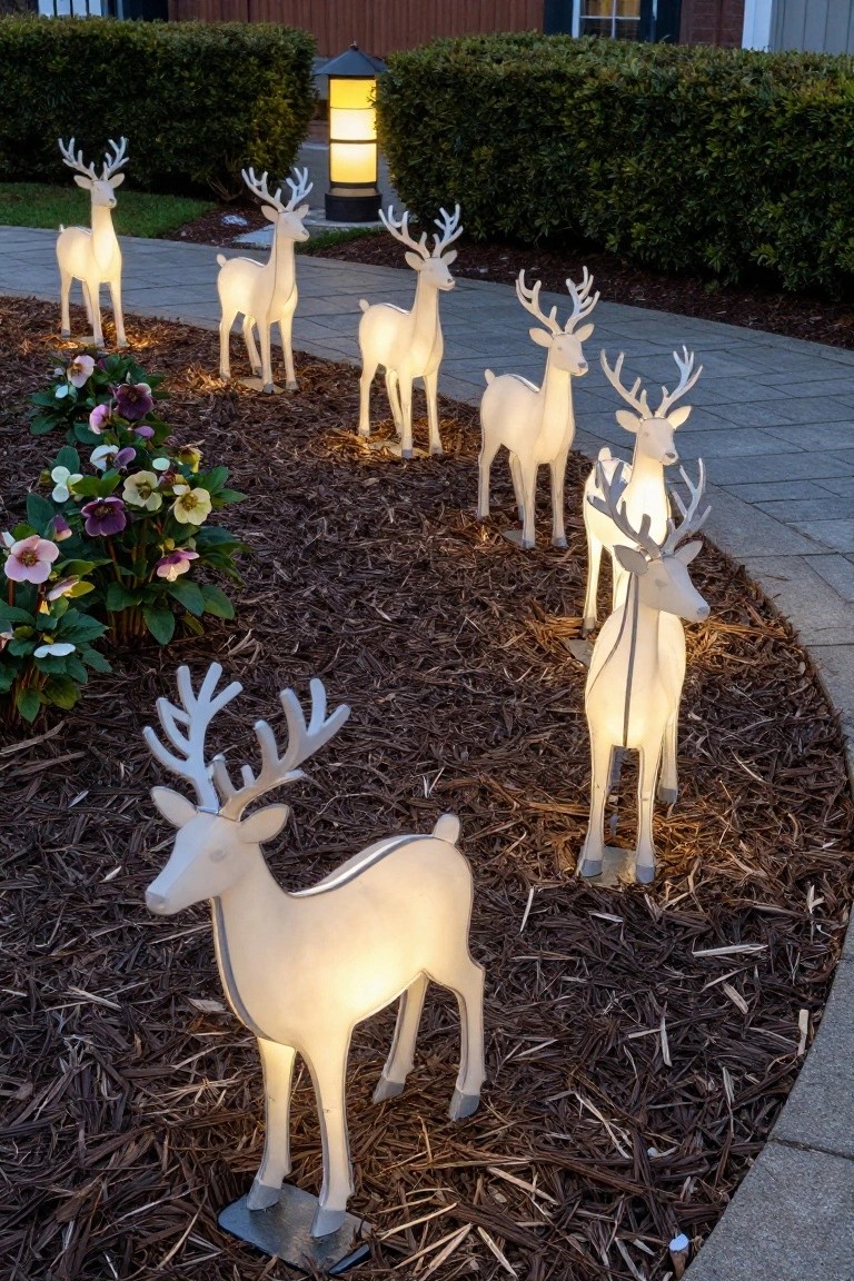 Several tall white reindeer statues illuminated from within, arranged in a curving mulched bed beside a paved path, with hedges, flowers, and a lantern light in the background at dusk.