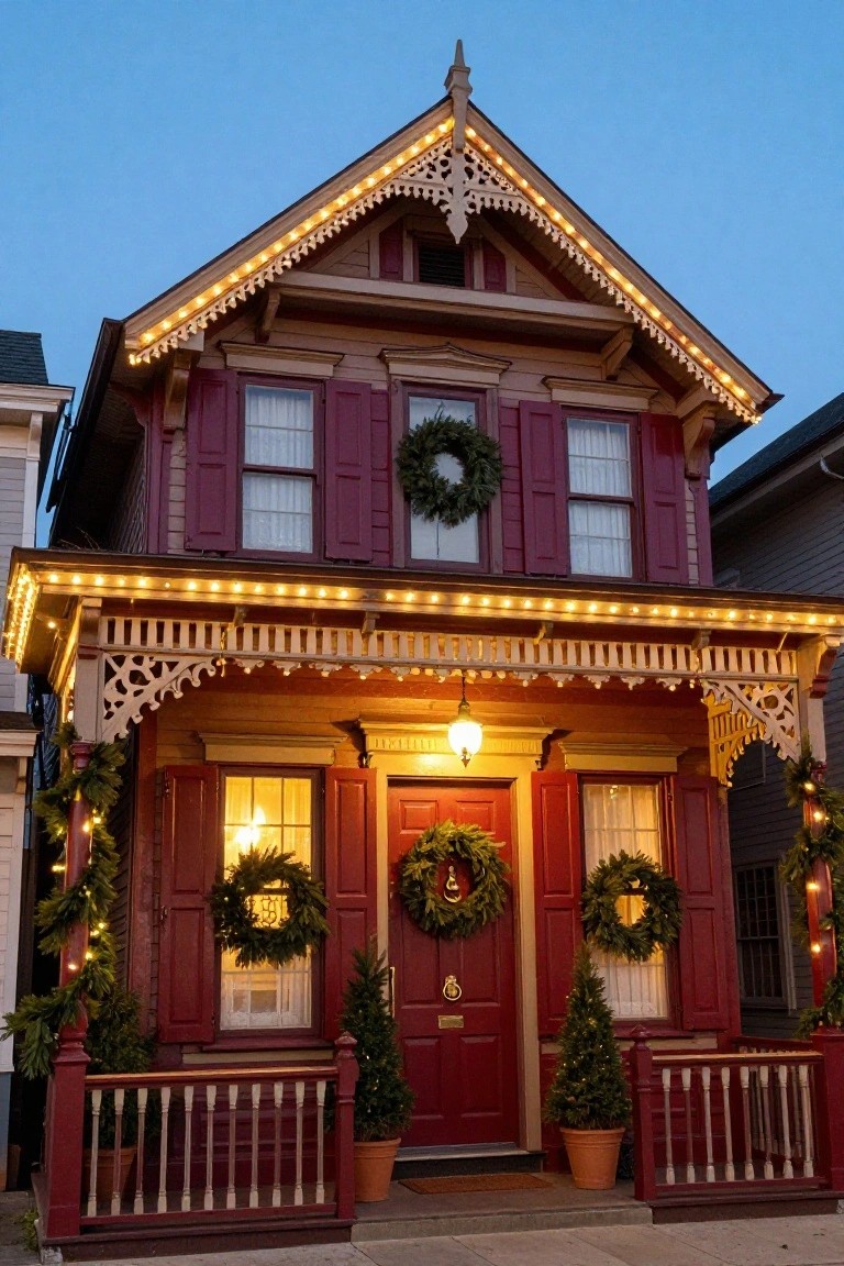 A two-story red Victorian house with dark shutters, decorated for Christmas with string lights outlining the trim and porch, evergreen wreaths on doors and windows, small potted trees flanking the entry, and garland on railings at dusk.