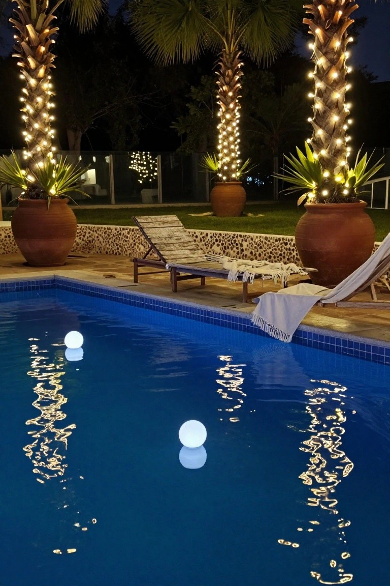 Nighttime pool area with palm trees wrapped in white string lights, large terracotta pots, weathered lounge chairs with blankets, and two glowing white orbs floating in the blue-tiled pool.
