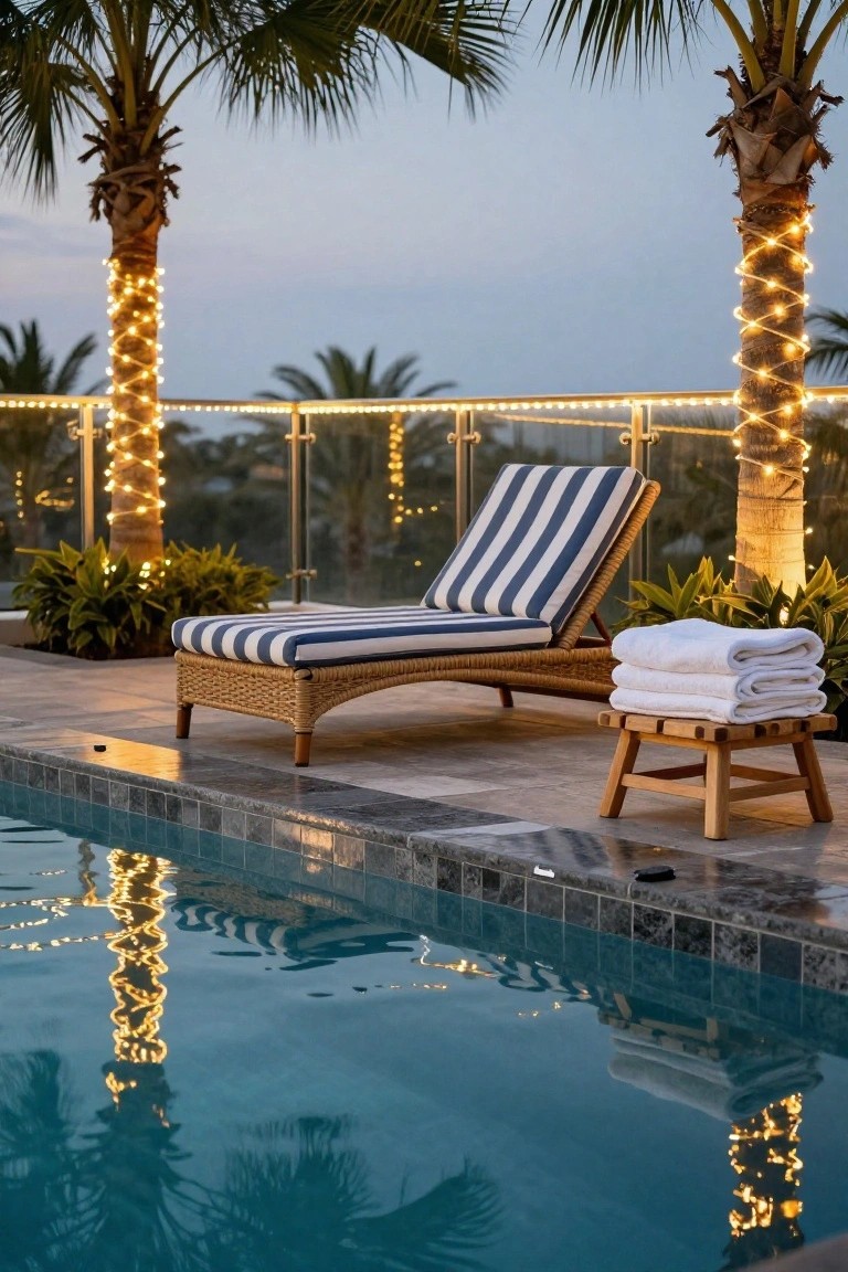 Poolside lounge chair with blue and white striped cushions and cushions, next to a wooden stool holding stacked white towels, palm trees wrapped in string lights, glass railing, and reflections in blue pool water at dusk.