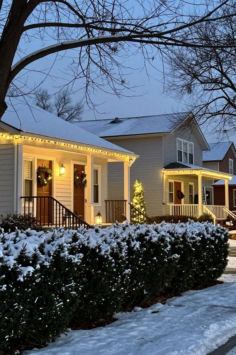 Snowy neighborhood scene at dusk showing a light gray house with duplex-style porch lit by warm white string lights along the eaves and railings, evergreen wreaths on dark doors, a small lit Christmas tree on the porch, and snow-covered bushes in front.