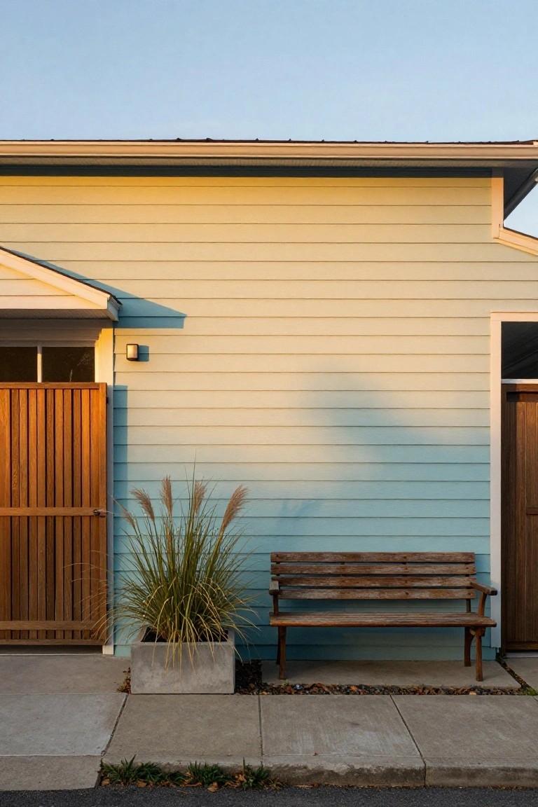 Side exterior of a house with pale yellow siding, wooden slat gate, tall pampas grass in concrete pot, weathered wooden bench on concrete path next to gravel and wood door.