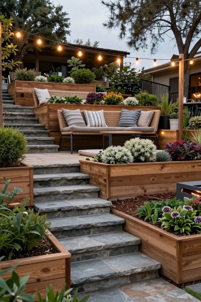 Terraced Stairs with String Lights