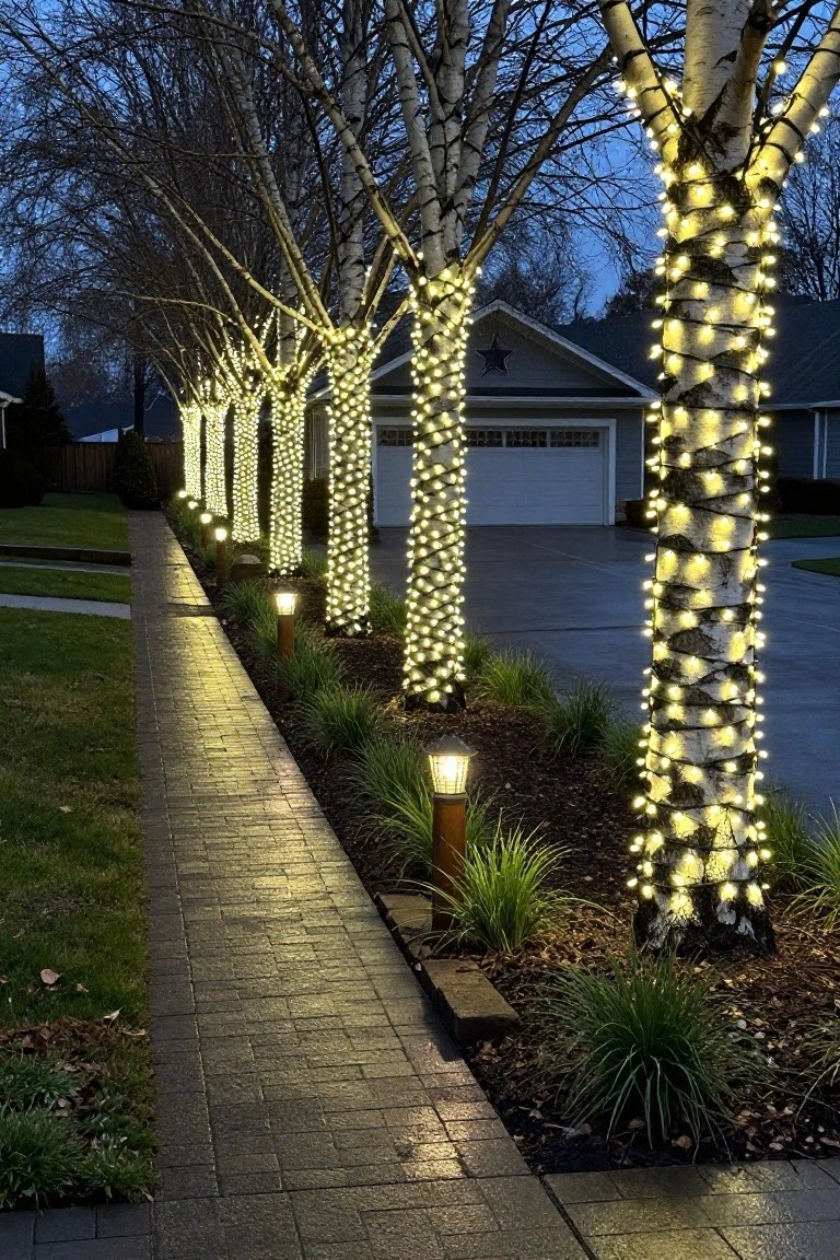 A row of birch trees wrapped in white string lights lining a paved pathway and driveway, with low path lights, ornamental grasses, and a house garage in the background at dusk.
