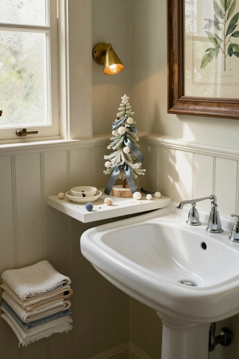 Corner of a light gray bathroom with white wainscoting showing a small white flocked Christmas tree on a white floating shelf above a white pedestal sink, blue ribbons on the tree, stacked towels below, brass wall light, and window.