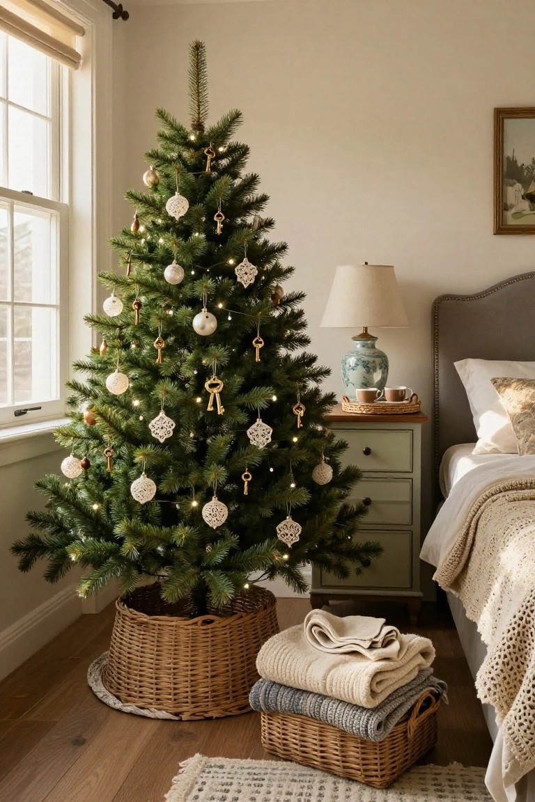 A lit evergreen Christmas tree in a bedroom corner decorated with brass key ornaments, white crochet balls, and gold accents stands beside a gray upholstered bed with beige linens, a green nightstand holding teacups, and stacked blankets in baskets on a wood floor.