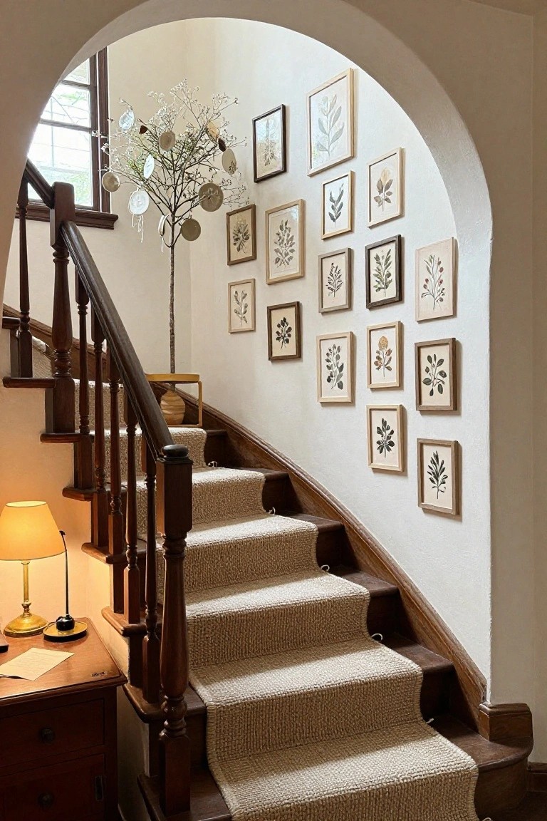 Curved wooden staircase in a light-colored interior with a branch Christmas tree decorated with white baby's breath and round white ornaments, numerous framed botanical prints on the wall, a small wood table with a yellow lamp at the base, and a potted plant on a side table.