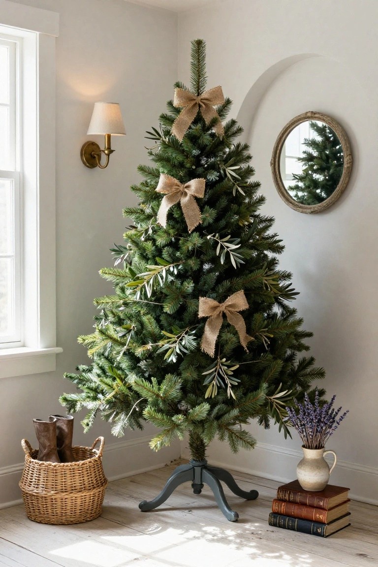 A green Christmas tree decorated with tan burlap ribbon bows and olive branches stands in a white corner room by a window, with a wall lamp, round mirror, wicker basket holding boots, vase of lavender, and stack of old books on the floor.