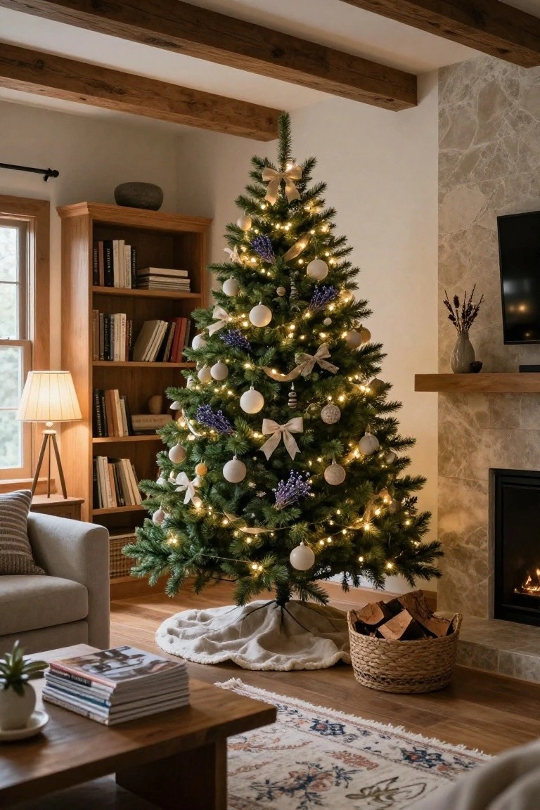 A lit Christmas tree decorated with white and beige ornaments, purple lavender sprigs, ribbons, and lights stands in a living room featuring wooden beams, a stone fireplace, bookshelves, neutral sofa, coffee table, and woven basket of firewood.