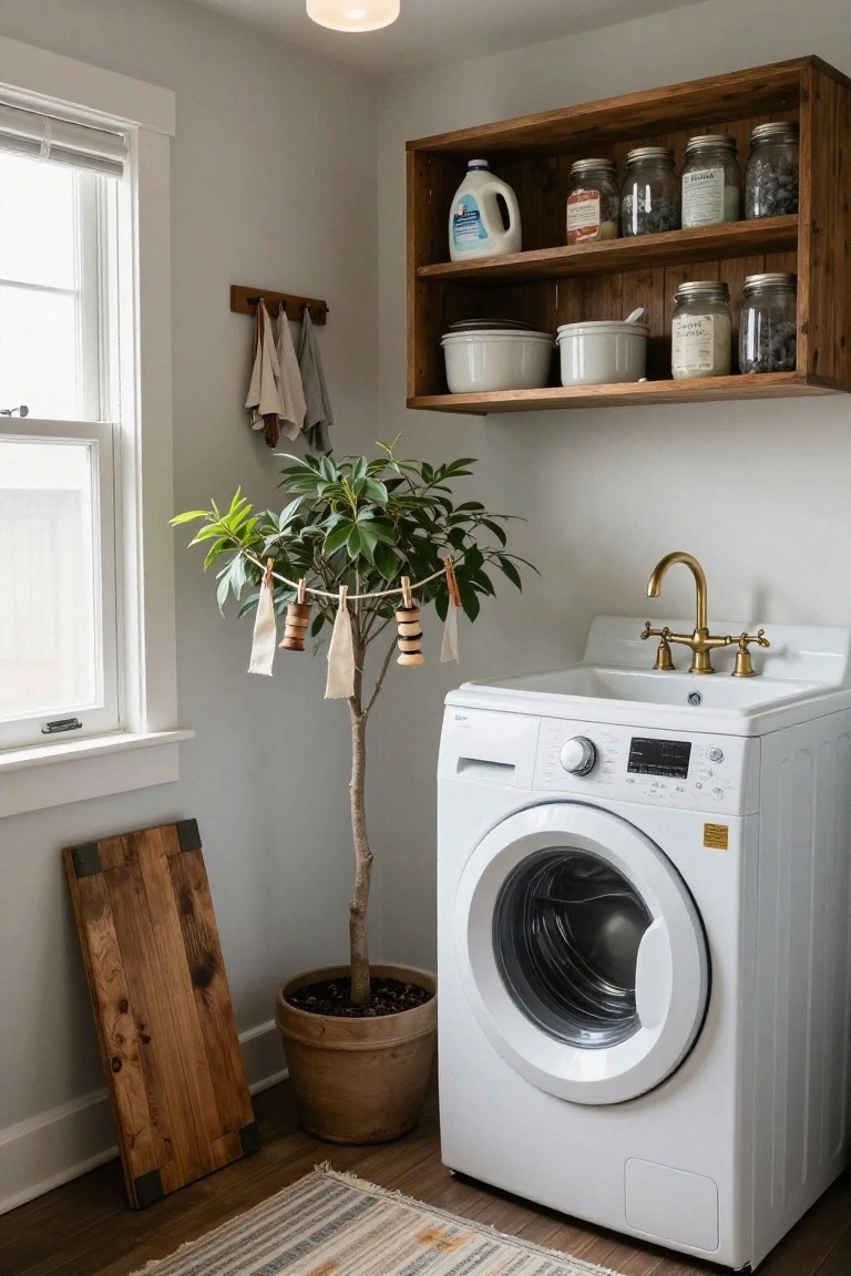 Laundry room with white front-load washer, white porcelain sink with gold faucet, wooden wall shelves holding glass jars, white detergent jug, and ceramic bowls, potted tree decorated with clothespins and hanging fabric pieces, wooden towel rack, and leaning wood board on light wood floor.
