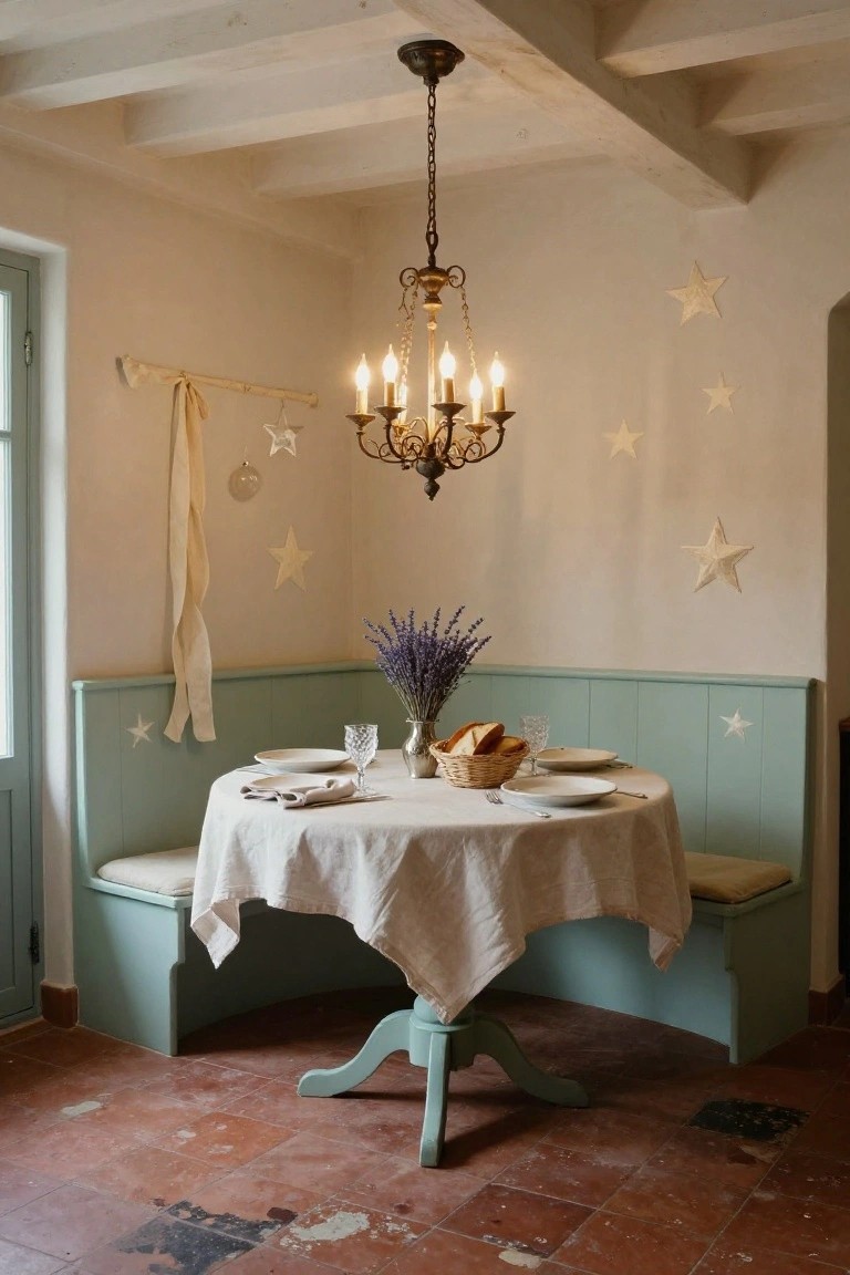 Cozy turquoise corner bench seating around a white linen-draped pedestal table set with plates, bread basket, lavender bouquet, and wine glasses under a lit brass chandelier, with hanging stars, wall stars, and wooden beams in a room with terracotta tile floor.