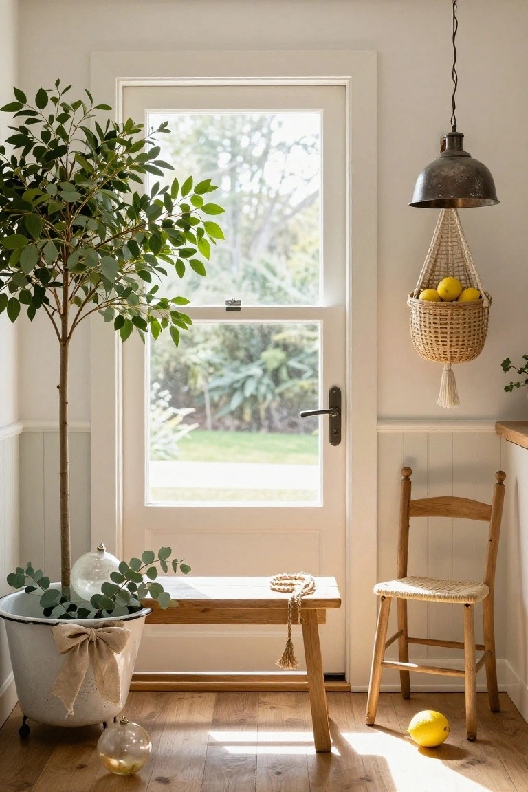 Entryway interior with a tall potted ficus tree decorated with eucalyptus and glass ornaments next to a white door, wooden bench and chair, hanging basket of lemons from a pendant light, white enamel pot on the floor, and a lemon on the hardwood flooring.