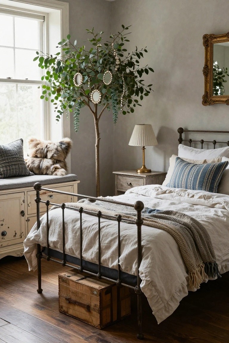 Bedroom with gray walls, iron bed dressed in white linens and striped pillows, faux eucalyptus tree decorated with pearl garlands and round pearl-rimmed mirrors, window bench with fur pillows, and wooden floors.